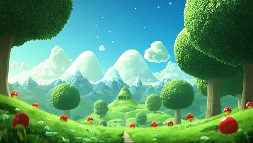 Sunny fantasy valley with playful mushrooms and soft hills.