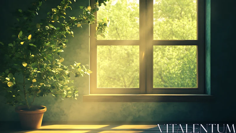 Sunlit window and potted plant evoke calm indoor greenery.