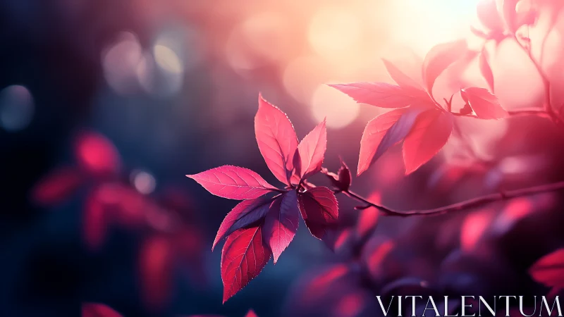 Red leaves branch in soft sunset backlight with bokeh glow