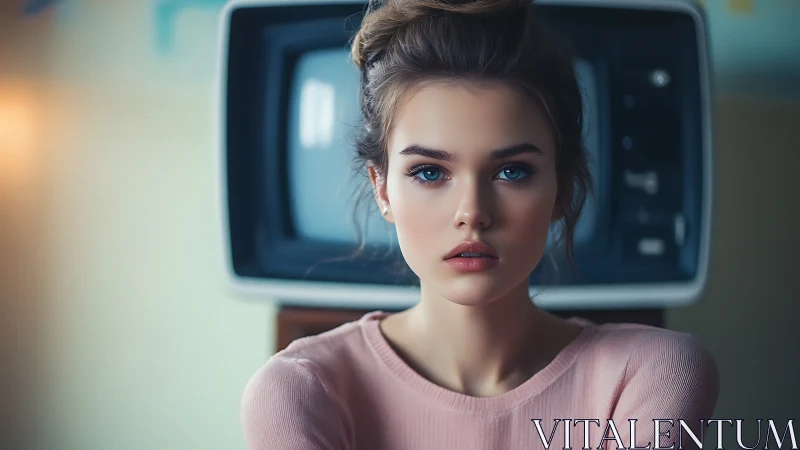 Soft-lit digital portrait of young woman before retro television