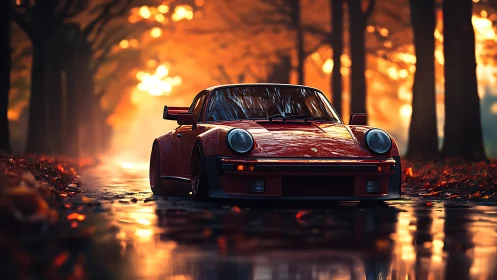 Classic red sports coupe in cinematic autumn forest light.