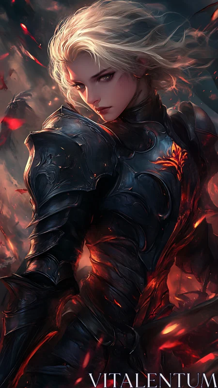 Armored warrior turns amid swirling embers and stormfire