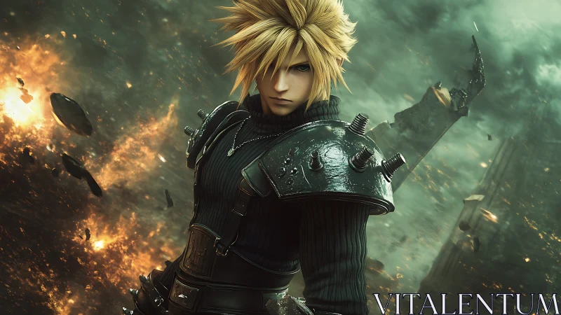 Spiky haired warrior in armored rig amid explosive debris field.