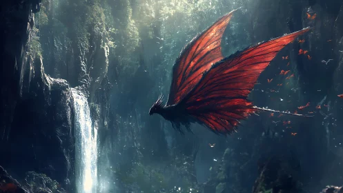 Crimson winged dragon gliding through a mist-veiled cascade.