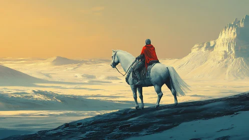 Lone rider in a red cloak gazing over sunlit snowscape.