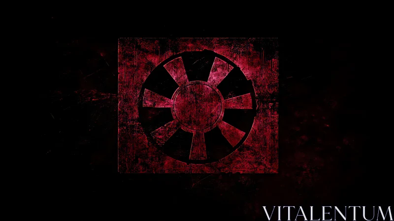 Radial emblem in distressed red square on deep black field.