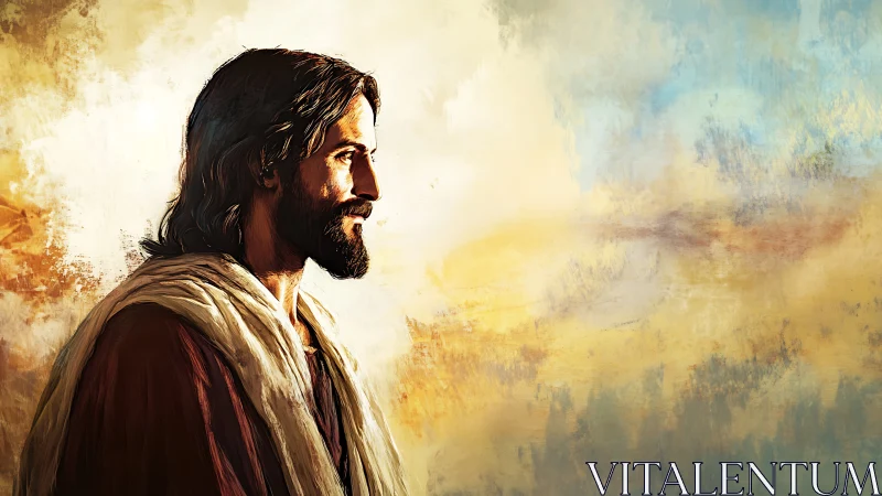 Sunlit profile of a robed teacher walks into painted dawn