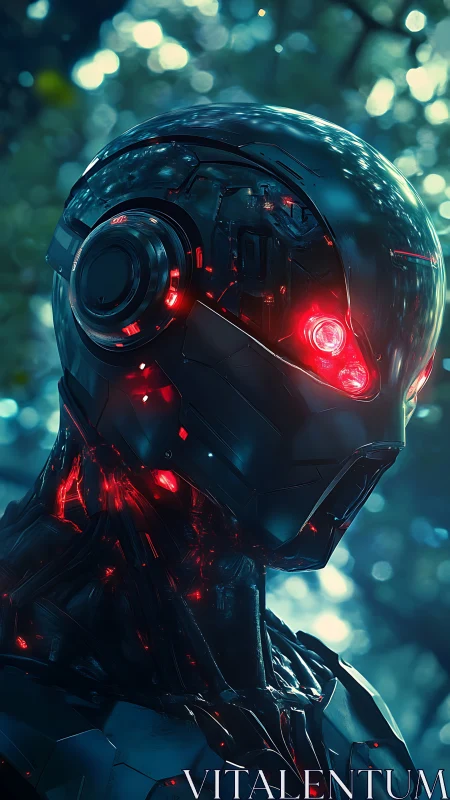 Neon forest sentinel pauses, listening through chrome silence