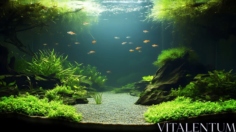 Photorealistic aquascape with central gravel stream layout.