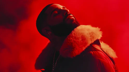 Chromatic portrait in saturated red backlit atmospheric haze.