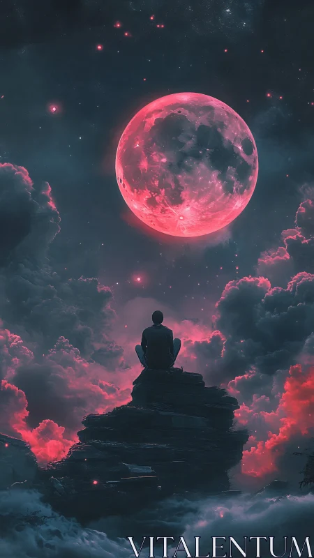 Lone dreamer beneath a blazing crimson moonlit sky.