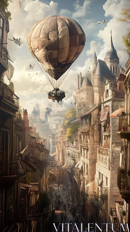 Soaring airship over sunlit steampunk boulevard skyline.