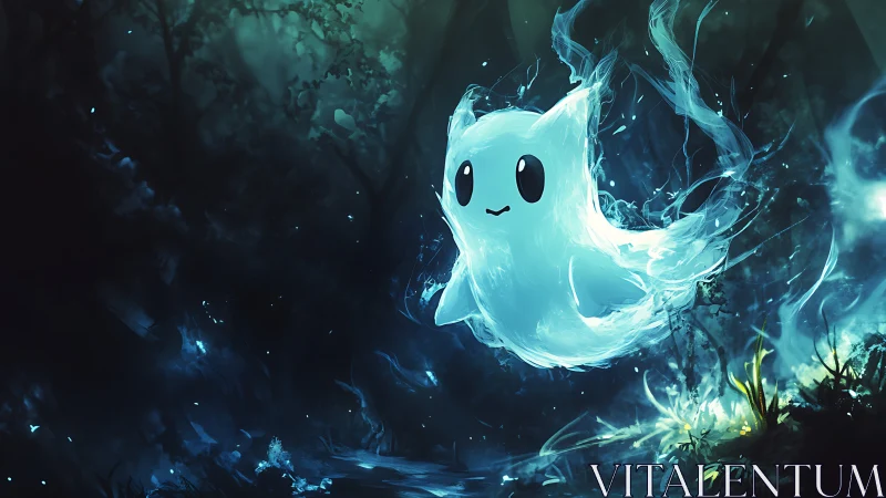 Glowing spirit creature drifting through enchanted forest.