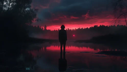 Silhouetted figure contemplates a crimson twilight horizon.