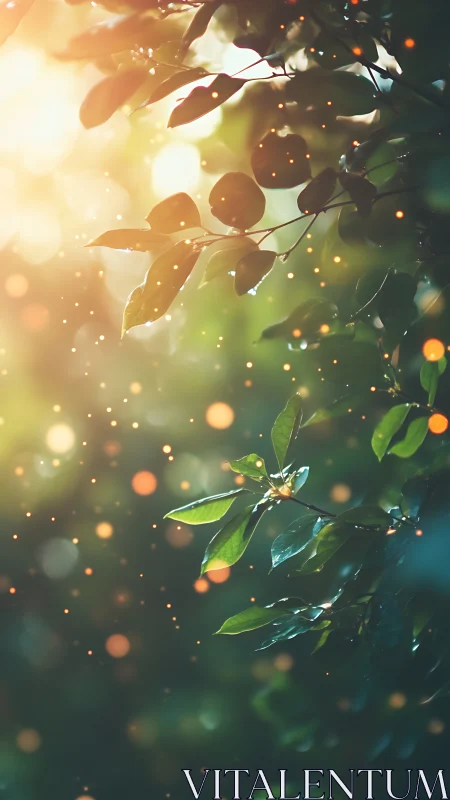 Backlit foliage with bokeh particles in vertical watercolor study.