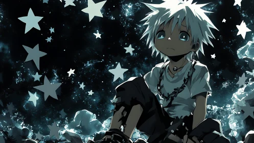 Stargazing boy in monochrome teal anime nightscape.