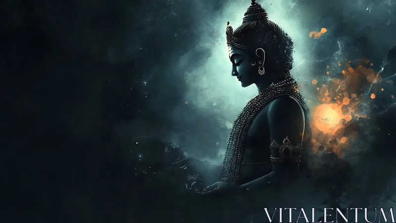 Celestial blue deity meditates within glowing cosmic mist
