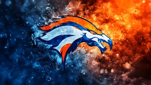 Blazing stallion emblem between roaring fire and ice storm.