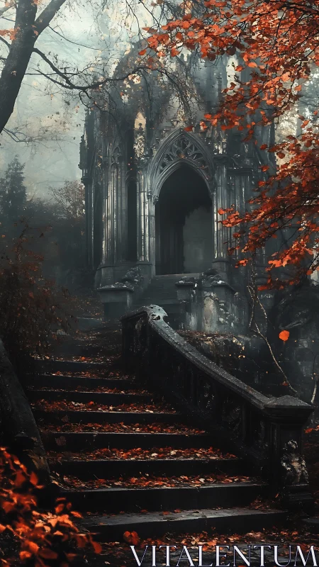 Gothic mausoleum crowns misty stair under crimson leaves.