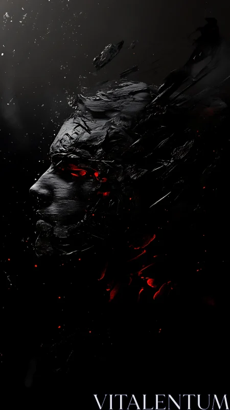 Fragmented dark visage erupts with molten crimson light.