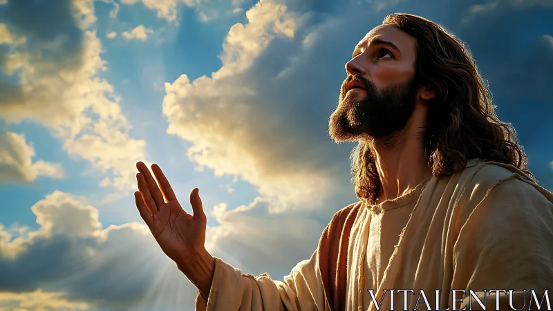 Figure in robe raises hand under backlit clouds and sunrays