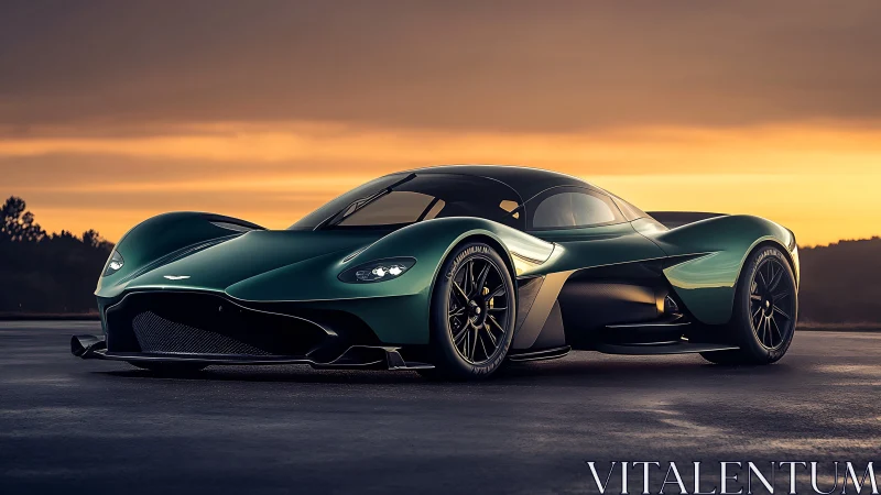 Aerodynamic hypercar rendered against a warm sunset horizon