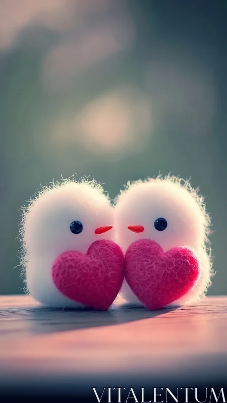 Fluffy Love Characters Holding Pink Hearts.