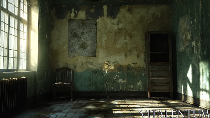 Light and decay in an abandoned green-walled interior.
