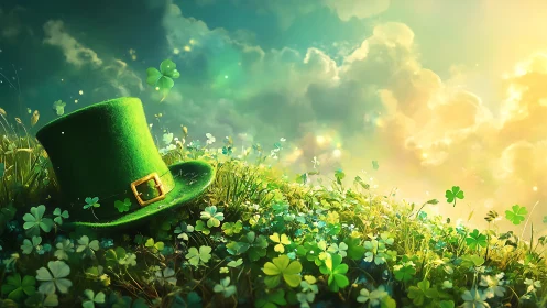 Green top hat on clover field under illuminated sky.