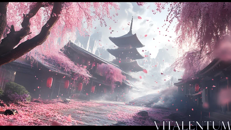 Cherry blossoms frame stepped pathway toward distant pagoda