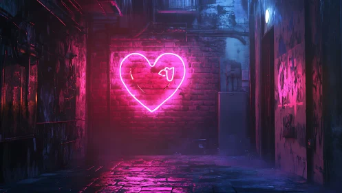 Neon heart humming over rain-soaked cyber alley bricks.