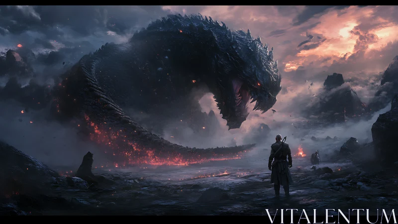 Colossal ember serpent confronts lone dusk-clad warrior.