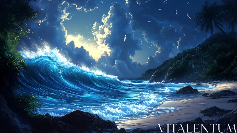 Moonlit wave and quiet tropical cove in luminous twilight.