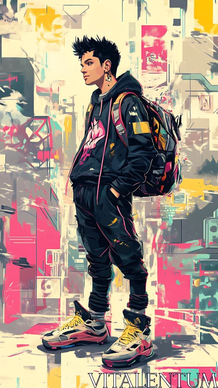 Neon city drifter in streetwear glow and glitchy graffiti haze.