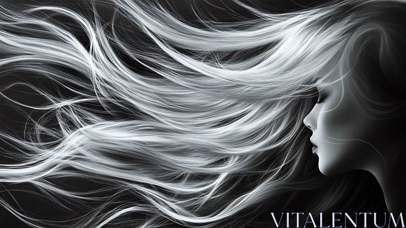 Monochrome side profile with vectorial flowing silver hair.