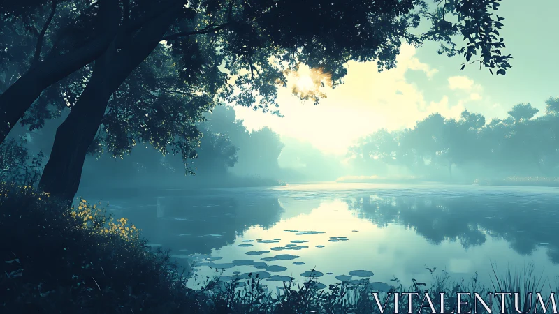 Sunlit tree line reflected on calm misty lakeside water.