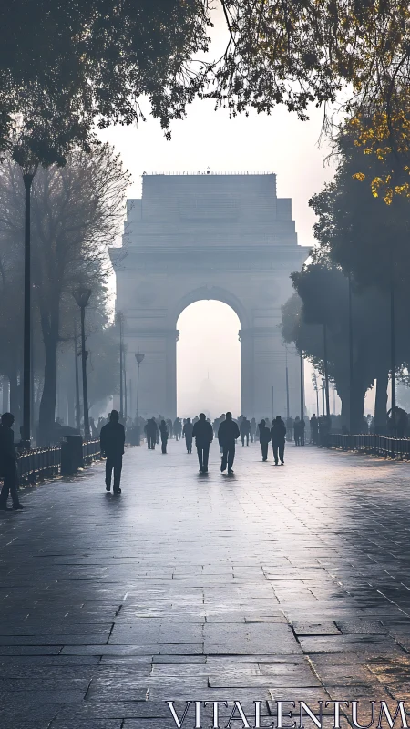 Gentle morning walk toward a grand stone archway monument.
