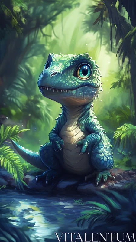 Baby jungle dinosaur watches river in luminous light