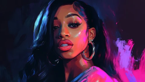 Portrait of woman in neon lighting with digital brushwork.