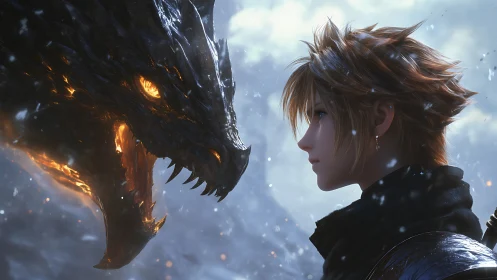 Heroic anime warrior confronting obsidian dragon in snowfall