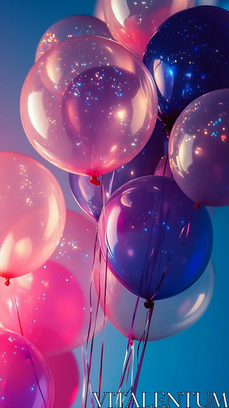 Luminescent balloons float against gradient sky with glowing particles