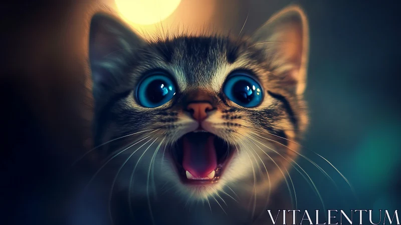 Wide-eyed kitten gazes upward with glowing bokeh behind