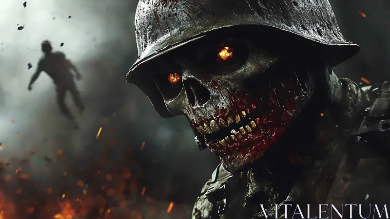 Skeletal soldier figure with burning eyes stands amid debris