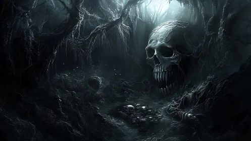 Gigantic skull with teeth in dark, decayed forest ravine.