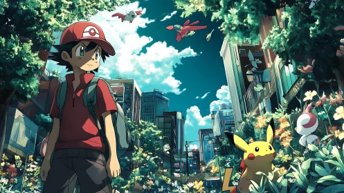 Urban streetscape shows trainer and creatures in overgrown city