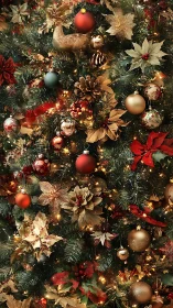 Dense Christmas tree with gold baubles, poinsettias and lights
