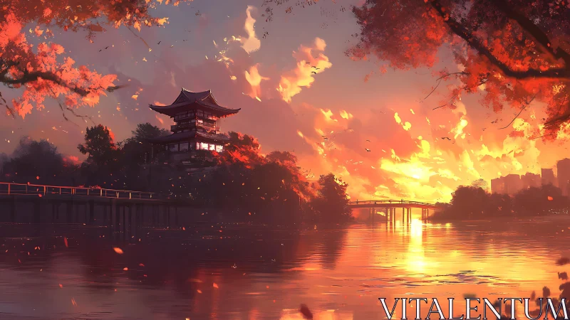 Pagoda by riverside with autumn foliage at sunset light.