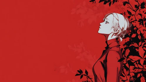 Quietly reflective girl in red framed by bold dark leaves.