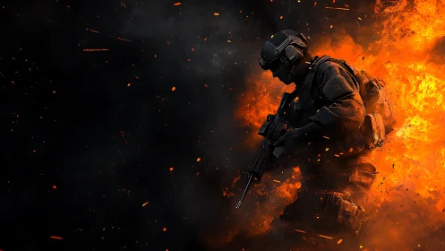 Tactical soldier advancing through intense explosion.