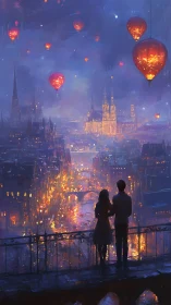 Couple observes illuminated city skyline with glowing heart-shaped balloons.